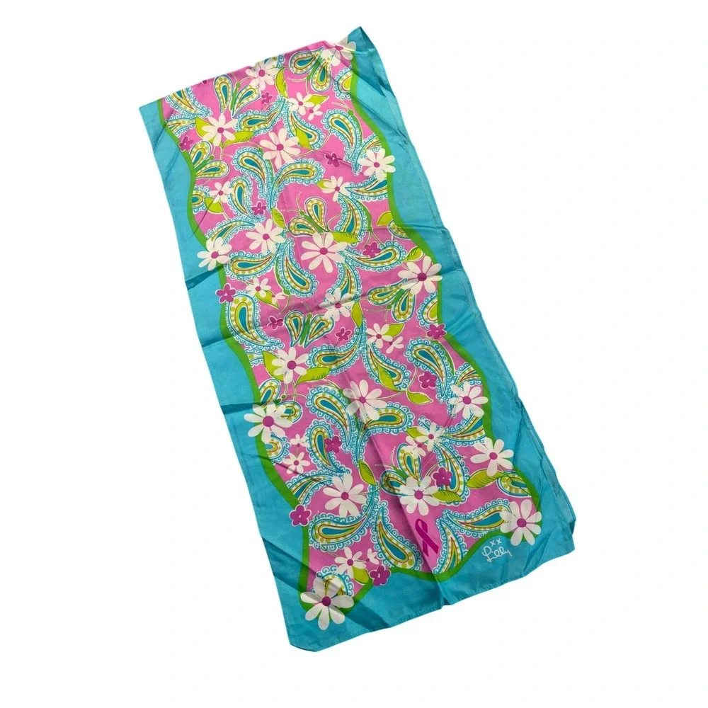 Lilly Pulitzer Scarf Women OS Pink Blue Floral Paisley Silk Ford Breast Cancer